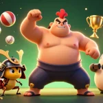 Experience thrilling gameplay at f8bet with powerful sumo wrestler and fierce cricket in this dynamic casino scene.