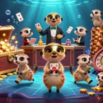 Socolive casino scene showcasing meerkats managing a vibrant gambling operation amidst colorful game elements.