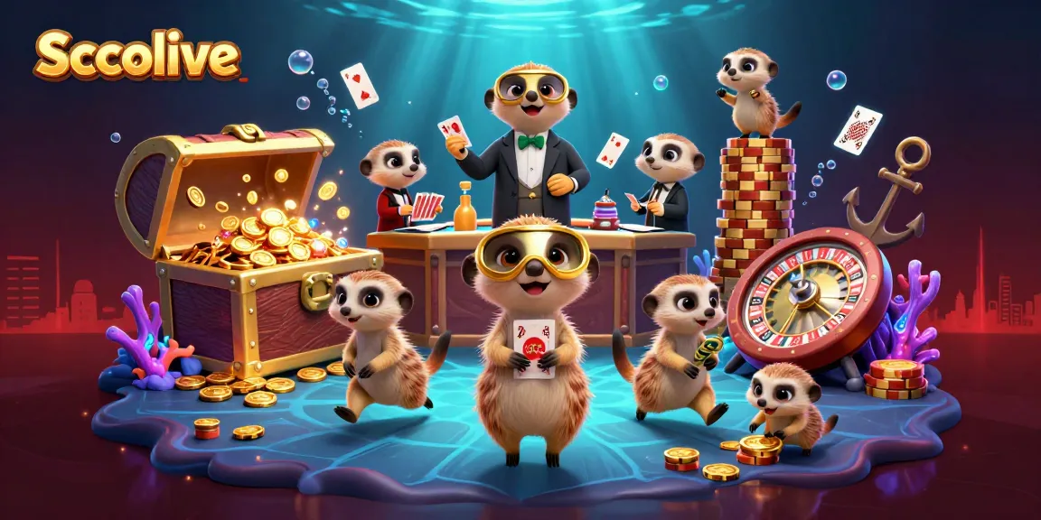 Socolive casino scene showcasing meerkats managing a vibrant gambling operation amidst colorful game elements.